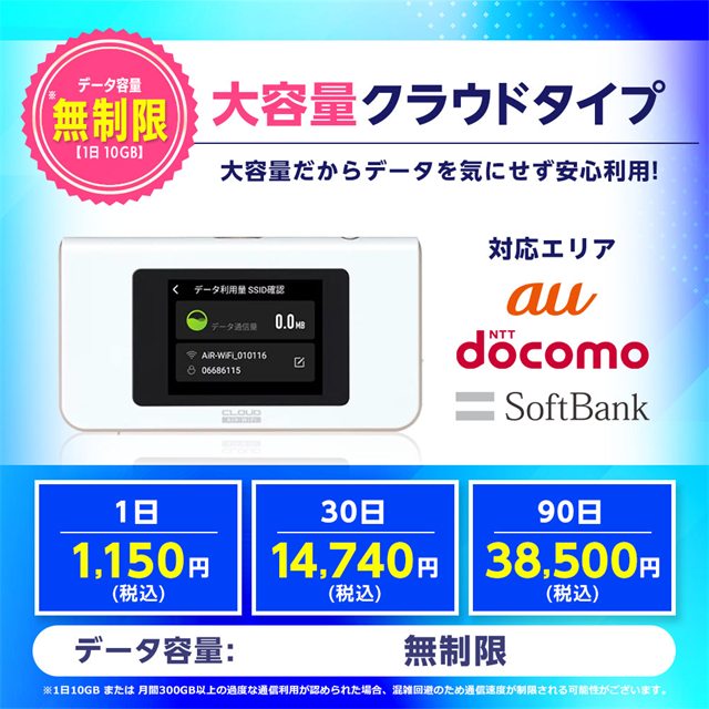 大容量クラウドタイプ 無制限 1日1,150円（税込）