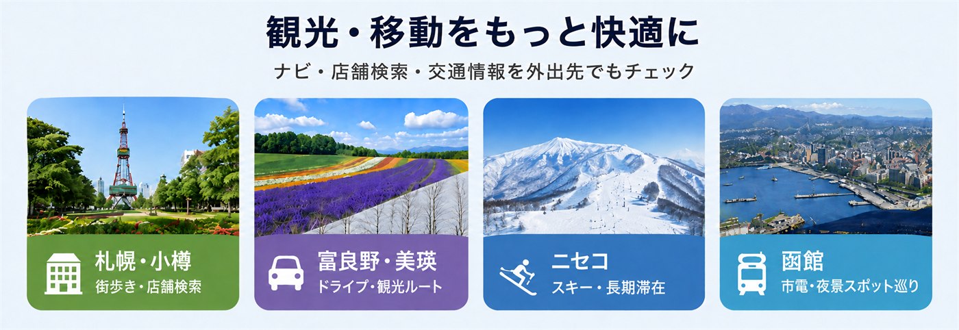 北海道の観光・移動もWiFiでもっと快適に。札幌・小樽の街歩き、富良野・美瑛のドライブ、ニセコでのスキー、函館の市電・夜景スポット巡り